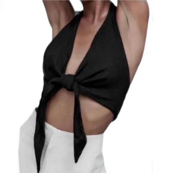NEW Zara 100% linen front tie halter top - Picture 2 of 8